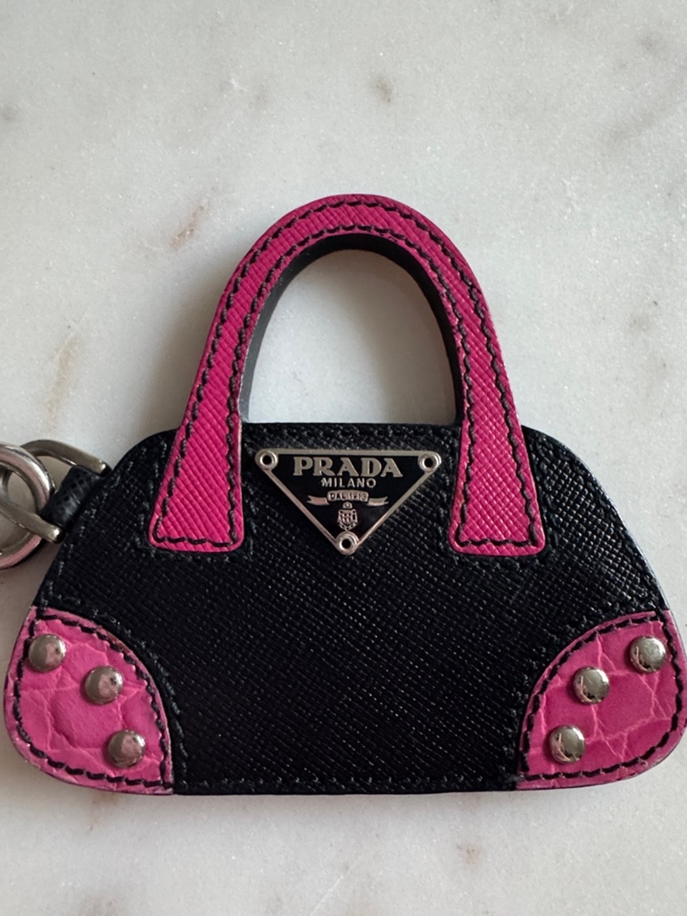Prada Saffiano Black & Pink Mini Bag Keychain - Picture 3 of 11
